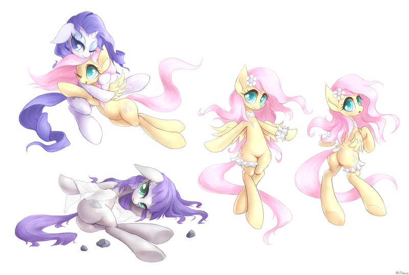 Size: 2375x1599 | Tagged: suggestive, artist:mlpanon, derpibooru import, fluttershy, maud pie, rarity, pegasus, pony, unicorn, bedroom eyes, bipedal, clothes, collar, cuddling, cute, featureless crotch, female, flarity, flower in hair, garter, hug, lesbian, lingerie, mare, one eye closed, open mouth, plot, raribetes, rock, shipping, shyabetes, simple background, smiling, snuggling, solo, white background, wink