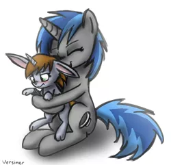 Size: 1213x1168 | Tagged: safe, artist:versimer, derpibooru import, oc, oc:homage, oc:littlepip, unofficial characters only, pony, rabbit, unicorn, fallout equestria, fanfic, blushing, bunnified, cute, fanfic art, female, horn, hug, mare, pipbuck, simple background, species swap, white background