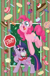 Size: 825x1252 | Tagged: safe, artist:brendahickey, derpibooru import, idw, pinkie pie, twilight sparkle, twilight sparkle (alicorn), alicorn, pony, spoiler:comic, spoiler:ff12, baked goods, blowing, candy, chubby cheeks, cover, female, idw advertisement, mare, puffy cheeks, stop sign, whistle