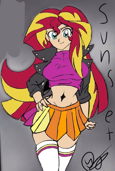 Size: 644x960 | Tagged: suggestive, artist:dayamond567, artist:ruhisu, derpibooru import, sunset shimmer, equestria girls, belly button, breasts, clothes, humanized, looking at you, midriff, miniskirt, skirt, smiling, socks, solo, stolen art, thigh highs, trace