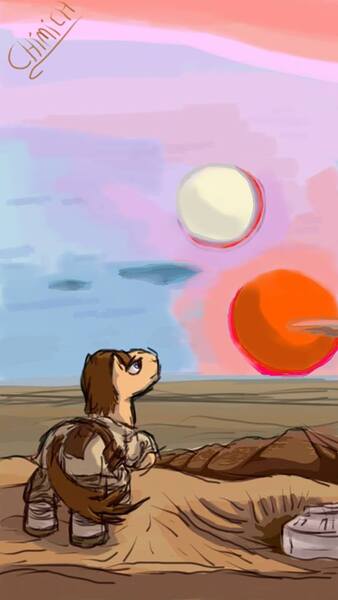 Size: 540x960 | Tagged: safe, artist:chiimich, derpibooru import, ponified, pony, a new hope, binary sunset, crossover, luke skywalker, star wars, tatooine