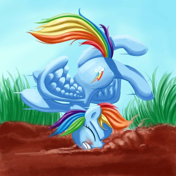 Size: 1500x1500 | Tagged: safe, artist:jayzonsketch, derpibooru import, rainbow dash, pegasus, pony, crash landing, dirt, faceplant, female, landing, lithobraking, mare, rainbow crash, solo