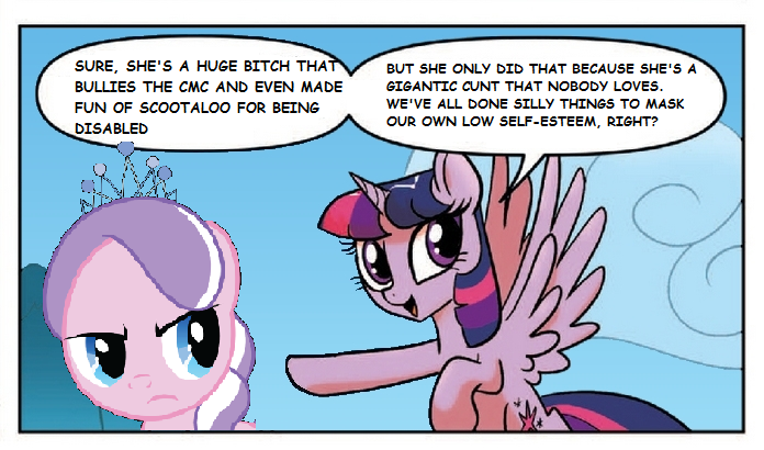 Size: 696x410 | Tagged: safe, derpibooru import, edit, idw, diamond tiara, twilight sparkle, twilight sparkle (alicorn), alicorn, earth pony, pony, spoiler:comic, spoiler:comic23, female, filly, harsher in hindsight, mare, twilight justifies evil meme, vulgar