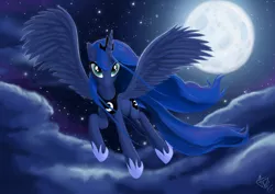 Size: 1920x1357 | Tagged: safe, artist:fidzfox, derpibooru import, princess luna, alicorn, pony, cloud, flying, full moon, looking at you, moon, night, sky, solo, spread wings, starry night, stars, wings