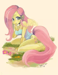 Size: 781x1000 | Tagged: safe, artist:178art, derpibooru import, fluttershy, anthro, unguligrade anthro, equestria girls, breasts, busty fluttershy, cute, female, grass, human facial structure, leotard, pixiv, shyabetes, solo, tail