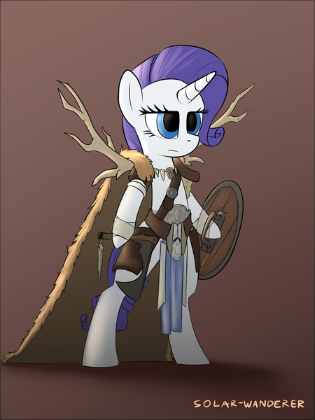 Size: 1200x1600 | Tagged: safe, artist:php49, derpibooru import, rarity, pony, unicorn, antlers, armor, axe, barbarian, bipedal, cape, clothes, female, hoof hold, mare, serious, shield, solo, weapon