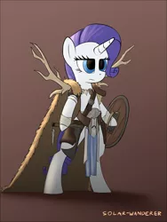 Size: 1200x1600 | Tagged: safe, artist:php49, derpibooru import, rarity, pony, unicorn, antlers, armor, axe, barbarian, bipedal, cape, clothes, female, hoof hold, mare, serious, shield, solo, weapon