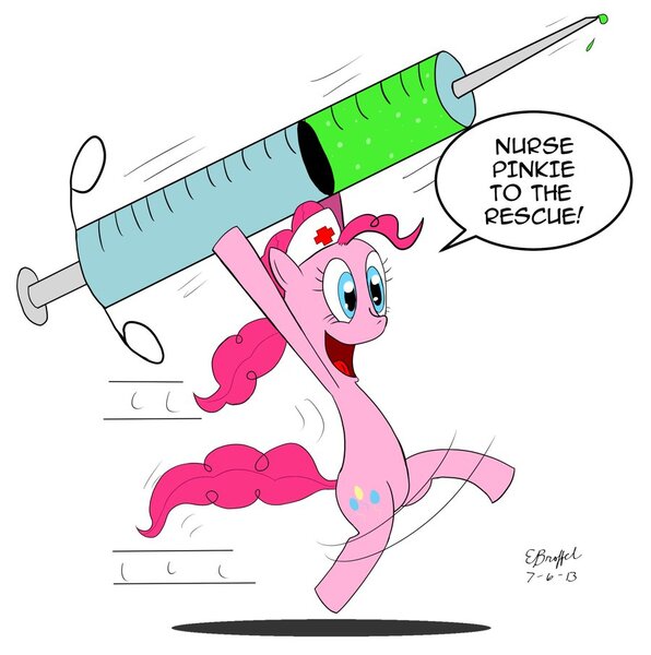 Size: 900x906 | Tagged: artist:cartoon-eric, bipedal, dead source, derpibooru import, giant syringe, nurse, pinkie pie, running, safe, solo, syringe