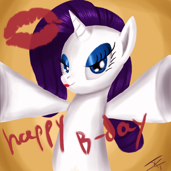 Size: 800x800 | Tagged: artist:jeki, derpibooru import, happy birthday, kiss mark, lipstick, painting, rarity, safe, selfie, solo