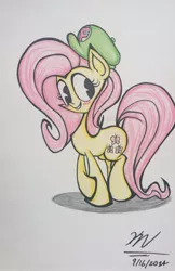 Size: 1536x2377 | Tagged: artist:pelate, derpibooru import, fluttershy, hat, safe, smiling, solo, traditional art