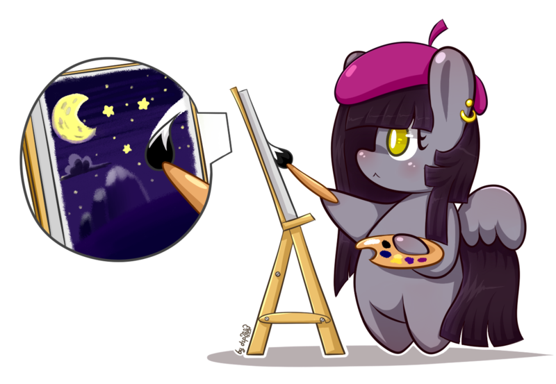 Size: 1280x885 | Tagged: safe, artist:dsp2003, derpibooru import, oc, unofficial characters only, pegasus, pony, canvas, chibi, cute, female, hat, moon, outline, pac-man, paintbrush, painting, simple background, stars, style emulation, transparent background