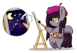 Size: 1280x885 | Tagged: safe, artist:dsp2003, derpibooru import, oc, unofficial characters only, pegasus, pony, canvas, chibi, cute, female, hat, moon, outline, pac-man, paintbrush, painting, simple background, stars, style emulation, transparent background