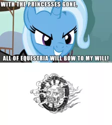 Size: 610x685 | Tagged: derpibooru import, exploitable meme, image macro, meme, safe, trixie, trixie vs everyone meme, trixie yells at everything, wanyudo, wheel, youkai