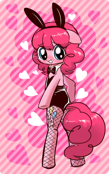 Size: 1000x1591 | Tagged: safe, artist:momo, derpibooru import, pinkie pie, pony, semi-anthro, adorasexy, alternate hairstyle, askharajukupinkiepie, bipedal, blushing, bunny suit, clothes, cute, diapinkes, fishnets, floppy ears, heart, looking at you, looking back, looking back at you, sexy, solo