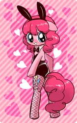 Size: 1000x1591 | Tagged: safe, artist:momo, derpibooru import, pinkie pie, pony, semi-anthro, adorasexy, alternate hairstyle, askharajukupinkiepie, bipedal, blushing, bunny suit, clothes, cute, diapinkes, fishnets, floppy ears, heart, looking at you, looking back, looking back at you, sexy, solo