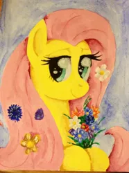 Size: 1490x1998 | Tagged: safe, artist:denigirl, derpibooru import, fluttershy, flower, solo, traditional art