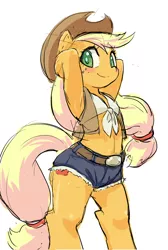 Size: 1000x1486 | Tagged: safe, artist:siagia, derpibooru import, applejack, earth pony, semi-anthro, armpits, belly button, blushing, clothes, cute, daisy dukes, female, freckles, front knot midriff, hat, jackabetes, looking at you, midriff, pixiv, shirt, shorts, simple background, smiling, solo, sweat, vest, white background