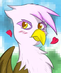 Size: 1000x1200 | Tagged: safe, artist:argoth, derpibooru import, gilda, gryphon, blushing, bust, female, floating heart, heart, looking at you, solo, wings