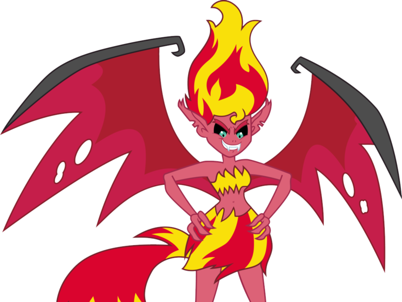 Size: 1024x770 | Tagged: safe, artist:ponyalfonso, derpibooru import, edit, sunset shimmer, demon, equestria girls, bat wings, belly, belly button, fangs, looking down, midriff, simple background, sunset satan, transparent background, vector