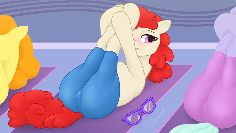 Size: 1920x1080 | Tagged: dead source, questionable, artist:arareroll, derpibooru import, carrot top, flitter, golden harvest, twist, earth pony, pony, blushing, clothes, compression shorts, exercise, female, filly, fitness, flexible, foalcon, glasses, hooves, legs in air, missing accessory, on back, stretching, stupid sexy twist, yoga pants