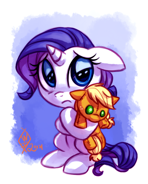 Size: 625x775 | Tagged: safe, artist:whitediamonds, derpibooru import, applejack, rarity, pony, abstract background, cute, female, filly, floppy ears, frown, hug, lesbian, looking at you, plushie, raribetes, rarijack, rarijack daily, sad, shipping, sitting, solo, tumblr, younger