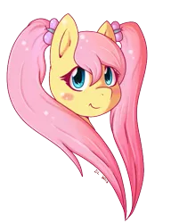 Size: 503x656 | Tagged: alternate hairstyle, artist:daikaluff, derpibooru import, fluttershy, head, safe, simple background, smiling, solo, transparent background, twintails