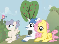 Size: 1032x774 | Tagged: safe, artist:hainebutt, derpibooru import, fancypants, fluttershy, oc, butterfly, pegasus, pony, apple tree, crack shipping, cute, family, fancyshy, female, filly, freckles, male, offspring, parent:fancypants, parent:fluttershy, parents:fancyshy, ponytail, shipping, straight, tree