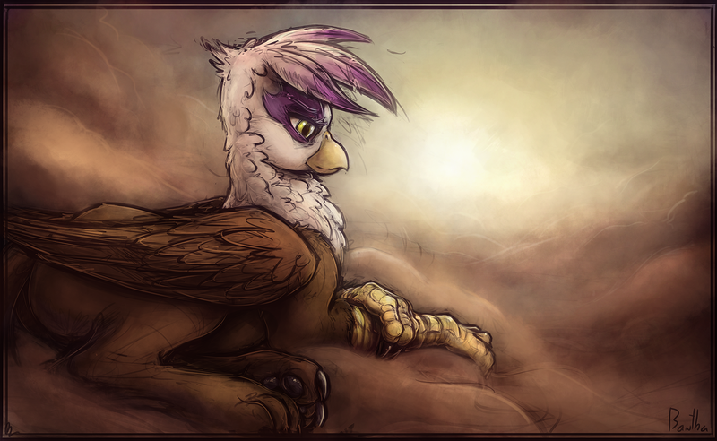 Size: 1680x1033 | Tagged: safe, artist:bantha, derpibooru import, gilda, gryphon, cloud, cloudy, female, image, looking down, on a cloud, paw pads, paws, png, prone, smiling, solo