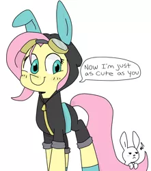 Size: 4337x4896 | Tagged: safe, artist:meowing-ghost, derpibooru import, angel bunny, fluttershy, pegasus, pony, absurd resolution, bunny ears, clothes, costume, cute, dangerous mission outfit, female, goggles, hoodie, mare, simple background, smiling, white background