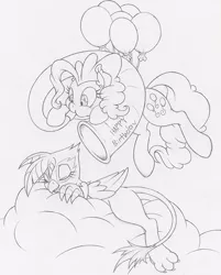 Size: 644x800 | Tagged: safe, artist:dfectivedvice, derpibooru import, gilda, pinkie pie, gryphon, balloon, cloud, floating, grayscale, happy birthday, monochrome, sleeping, then watch her balloons lift her up to the sky, this will end in tears