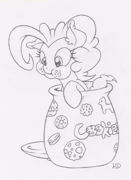 Size: 583x800 | Tagged: artist:dfectivedvice, cookie, cookie jar, cookie jar pony, cute, derpibooru import, diapinkes, grayscale, monochrome, pinkie pie, safe, solo