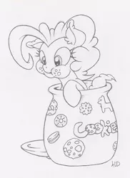 Size: 583x800 | Tagged: artist:dfectivedvice, cookie, cookie jar, cookie jar pony, cute, derpibooru import, diapinkes, grayscale, monochrome, pinkie pie, safe, solo