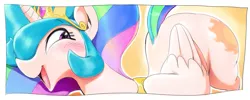 Size: 1201x481 | Tagged: dead source, safe, artist:sunibee, derpibooru import, princess celestia, alicorn, pony, cute, cutelestia, female, happy, mare, open mouth, smiling, solo, sunbutt