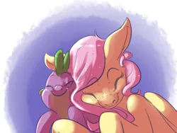 Size: 1280x960 | Tagged: safe, artist:imsokyo, derpibooru import, fluttershy, spike, dragon, pegasus, pony, daily sleeping spike, baby, baby dragon, cuddling, cute, eyes closed, female, male, mare, simple background, sleeping, smiling, snuggling, spikabetes, spikelove, tumblr