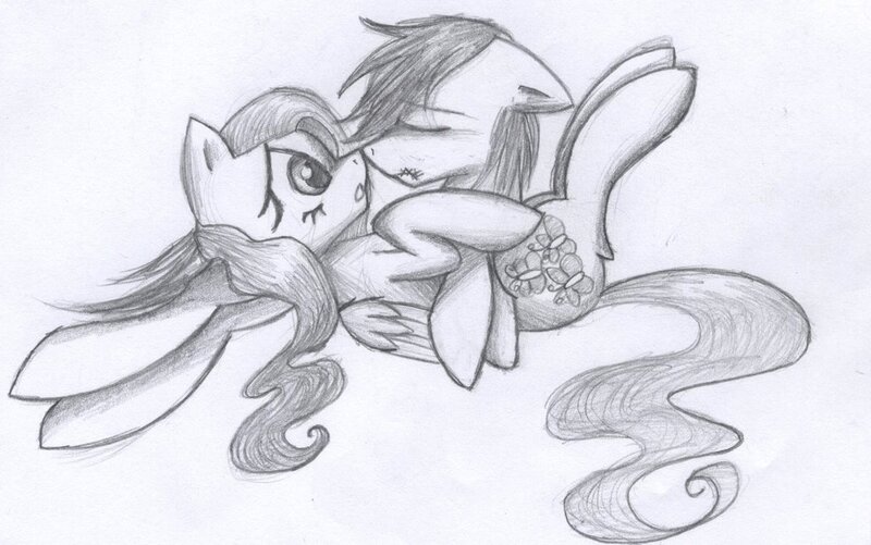 Size: 1024x641 | Tagged: safe, artist:djm30wm1x, derpibooru import, fluttershy, oc, oc:stitchy, boop, canon x oc, eyes closed, female, floppy ears, frown, legs in air, lesbian, noseboop, on back, sad, shipping, side