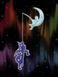 Size: 600x800 | Tagged: artist:karlaandbliss, aurora borealis, behaving like a fish, closing logo, derpibooru import, dreamworks, fishing, fishing rod, lunadoodle, moon, princess luna, safe, stars, tangible heavenly object