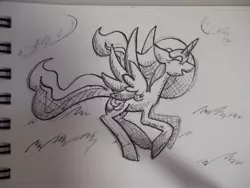 Size: 1280x960 | Tagged: artist:karlaandbliss, derpibooru import, eyes closed, flying, happy, ink, lunadoodle, monochrome, paper, photo, princess luna, safe, sketch, solo, traditional art