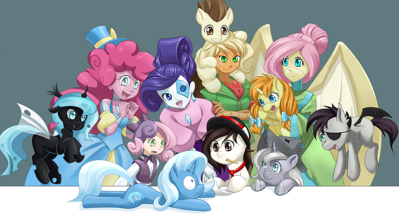 Size: 1920x1080 | Tagged: safe, artist:dstears, derpibooru import, applejack, fluttershy, pinkie pie, pound cake, princess luna, pumpkin cake, rarity, sweetie belle, trixie, oc, oc:egophiliac, oc:imogen, oc:sunshine smiles (egophiliac), bat pony, changeling, human, pony, robot, moonstuck, slice of pony life, steamquestria, artist, cartographer's cap, changeling oc, egophiliac, eyepatch, filly, frown, hat, heart, holding a pony, humanized, inconvenient trixie, mouth hold, open mouth, ponysona, smiling, steampunk, tribute, wallpaper, wide eyes, woona