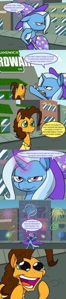 Size: 1280x5752 | Tagged: safe, artist:grandpalove, derpibooru import, cheese sandwich, trixie, pony, ask trixie and cheese, bipedal, comic, cute, diacheeses, dilated pupils, fireworks, magic, open mouth, smiling, smirk, tsundere