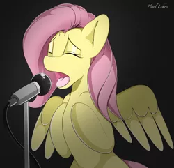 Size: 1024x987 | Tagged: safe, artist:howl echoes, derpibooru import, fluttershy, eyes closed, microphone, singing, solo, tongue out