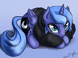 Size: 1872x1408 | Tagged: safe, artist:silfoe, derpibooru import, princess luna, alicorn, pony, lunadoodle, clothes, crouching, cute, female, filly, frown, hoodie, looking at you, looking up, lunabetes, mare, prone, s1 luna, silfoe is trying to murder us, solo, squishy cheeks, sweater, weapons-grade cute, woona
