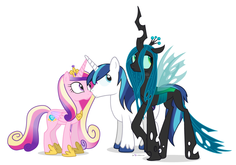 Size: 1005x705 | Tagged: safe, artist:dm29, derpibooru import, princess cadance, queen chrysalis, shining armor, alicorn, changeling, pony, unicorn, chrysarmordance, cute, cutealis, female, frown, inconvenient chrysalis, lesbian, looking away, shining armor gets all the mares, shipping, simple background, third wheel, transparent background, trio, vector, wide eyes