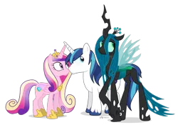 Size: 1005x705 | Tagged: safe, artist:dm29, derpibooru import, princess cadance, queen chrysalis, shining armor, alicorn, changeling, pony, unicorn, chrysarmordance, cute, cutealis, female, frown, inconvenient chrysalis, lesbian, looking away, shining armor gets all the mares, shipping, simple background, third wheel, transparent background, trio, vector, wide eyes