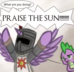 Size: 755x735 | Tagged: safe, artist:gennbu, derpibooru import, spike, twilight sparkle, twilight sparkle (alicorn), alicorn, pony, crossover, dark souls, disguise, female, mare, praise the sun, solaire of astora