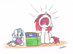 Size: 1744x1294 | Tagged: safe, artist:bobthedalek, derpibooru import, long play, vinyl scratch, pony, unicorn, brother and sister, chewing, duo, foal, nose in the air, peanuts, records, yelling