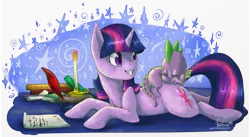 Size: 1024x561 | Tagged: safe, artist:amberswirl, derpibooru import, spike, twilight sparkle, dragon, pony, unicorn, baby, baby dragon, book, candle, cute, cutie mark, feather, female, grin, ink, letter, looking back, male, mama twilight, mare, prone, quill, scroll, signature, sleeping, smiling, spikabetes, twiabetes, unicorn twilight