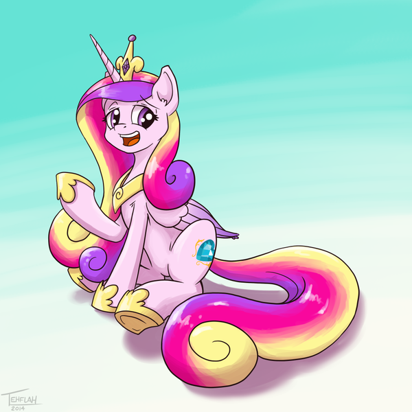 Size: 1000x1000 | Tagged: artist:tehflah, derpibooru import, mlpgdraws, open mouth, princess cadance, raised hoof, safe, sitting, smiling, solo, style emulation