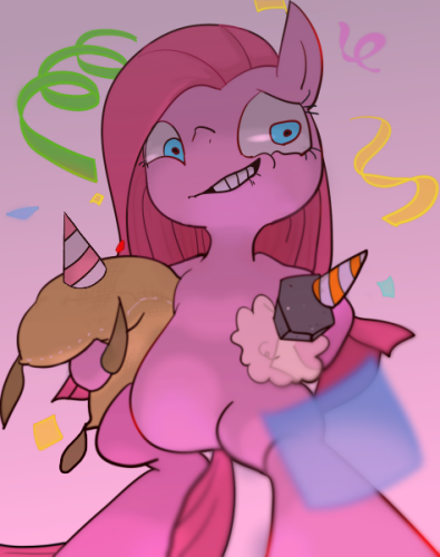 Size: 395x500 | Tagged: safe, artist:youhoujou, derpibooru import, madame le flour, pinkie pie, rocky, sir lintsalot, pony, bipedal, pinkamena diane pie, pixiv, solo