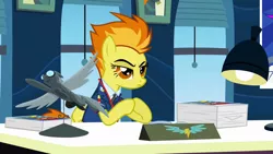 Size: 1280x720 | Tagged: derpibooru import, desk, gendo pose, lamp, office, paperwork, safe, screencap, spitfire, sunglasses, window, wonderbolts academy, wonderbolts uniform