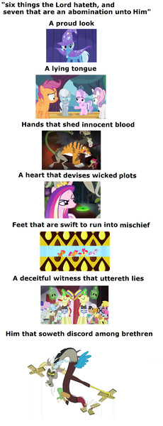 Size: 1649x4298 | Tagged: apple bloom, babs seed, bible, book of proverbs, cutie mark crusaders, derpibooru import, diamond tiara, discord, flam, flim, flim flam brothers, queen chrysalis, safe, scootaloo, silver spoon, sweetie belle, trixie